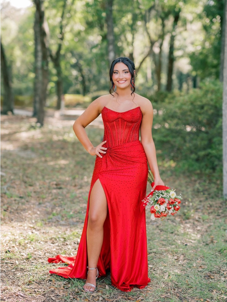 Elegant Red Strapless Evening Gown With High Slit